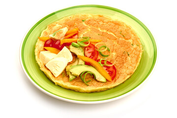 Omelette with avocado, tomatoes and mozzarella cheese, isolated on white background. Healthy breakfast. High resolution image.