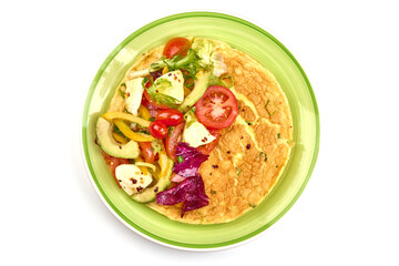 Omelette with avocado, tomatoes and mozzarella cheese, isolated on white background. Healthy breakfast. High resolution image