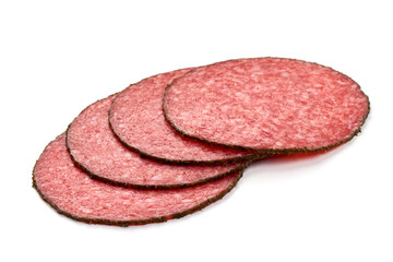 Pepper salami slices, isolated on white background