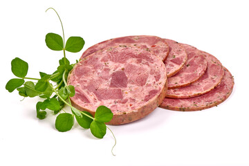 Ham sausage slices, isolated on white background. High resolution image