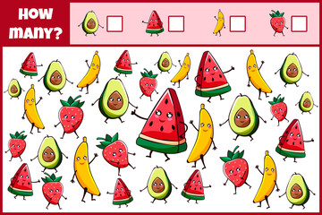 Educational mathematical game. Count the number of  kawaii fruits. Count how many  kawaii fruits. Counting game for children.