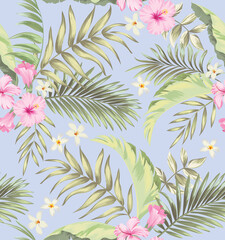 Vector tropical pattern with hibiscus flowers and exotic palm leaves. Trendy summer background. Summer floral illustration.