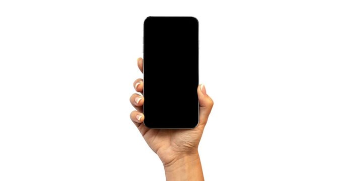 Smartphone blank screen in hand, the phone turns on after shaking  - animation best quality, no blurs, green screen and luma matte included for screen and smart phone with hand