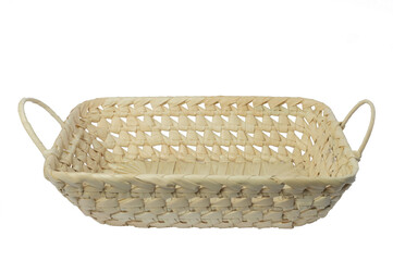 Rectangular wicker basket with two handles on the sides, isolated on a white background.