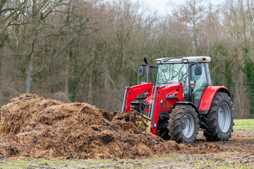 Red tractor with front loader in front of a manure heap