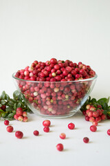 Ripe, juicy, sweet lingonberries in a plate on a white background. Vaccinium vitis-idaea