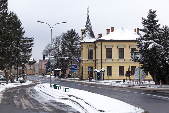 Old street in  Lesko  town. Poland.