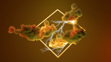 Lights in the sky, abstract geometric shape in the clouds. Rhombus. Square. Neon effect. Creativity. Crypto art. 3d render. Alien worlds other galaxies, sci-fi. Lightning and thunderbolts