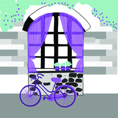 Grey house with gray windows and Purple drapes .Romantic Vector illustration of window with a violet bicycle. Design for postcards, posters, textiles, menus, banners, websites, backgrounds.