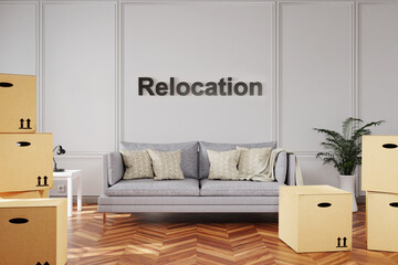 minimalistic elegant living room interior with stacks of moving boxes and vintage sofa in front of relocation lettering  3D Illustration © Imillian