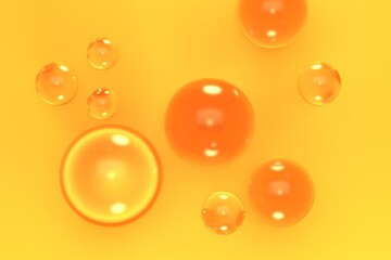 Abstract yellow background with flying balls of oil. 3d rendering
