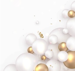 Abstract background with white,  spheres, 3d balls,bokeh,particles.Geometric banner for mockup,social network greeting card, invitation, sales promotional. Realistic vector.