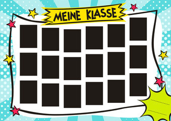 German School Childrens photo frame in pop art style. Bright page for class photos. Template for design of frames for photographs, posters, cards, stickers. Vector illustration. Translation: My Class
