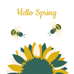 Bee and sunflower. Hello spring cute card in trendy colors. Beautiful print for printing on dishes, textiles, clothes, notebooks. Vector graphics.