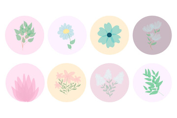 Fototapeta na wymiar Highlight covers for social media stories vector. Multicolored circles with flowers and leaves. Round floral botanical icons. Perfect for bloggers, brands, stickers, wending, design, decor