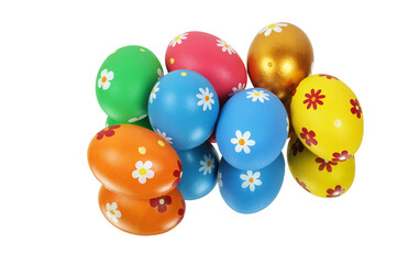 Bunch of colorful painted Easter eggs reflected on the white surface, isolated