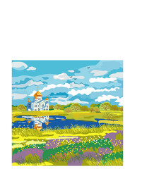 Russian folk art. Landscape vector. Image of the church on the background of the Russian field. 