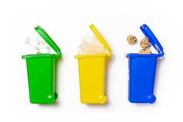 Trash recycle. Bin container for disposal garbage waste and save environment. Yellow, green, blue dustbin for recycle plastic, paper and glass can trash isolated on white background.