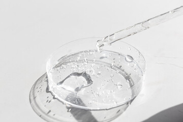 Liquid gel or hyaluronic serum acid in petri