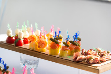 canapes with salmon, cheese and vegetables