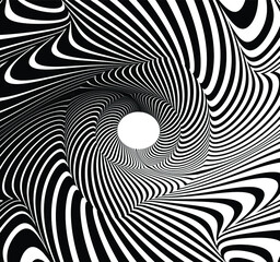  Abstract rotated white lines in circle form on black background. Geometric art. Design element. Digital image with a psychedelic stripes. Vector illustration