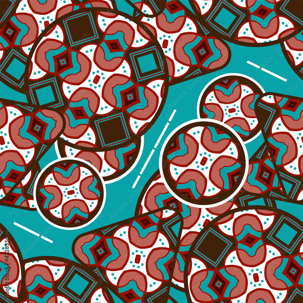 Poster seamless pattern with randomly arranged ornamented multicolored shapes on a light blue background. o