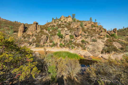 Rock formations in Pinnacles National Park in California, the destroyed remains of an extinct volcano on the San Andreas Fault. Beautiful landscapes