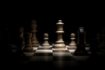Queen fighting on the chessboard. Low-key concept picture of chess pieces taken in studio and concerning decision making and strategy.