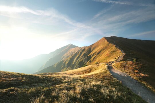 View of the Carpathian Mountains during sunrise