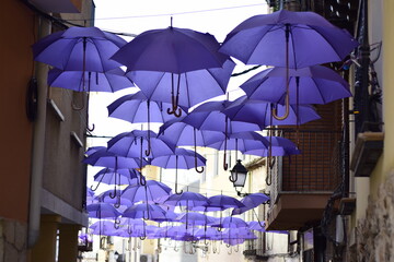 Paragüas de color morado colgados en las calles de Brihuega, España, para ofrecer sombra durante el festival dedicado a las lavandas en esta localidad