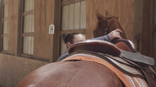 close up over the back of a cowgirl putting a saddle on a brown red horse western style in a dusty warm arena 4k in south eastern Michigan
