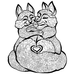 Fox coloring pages. Graphic, black-and-white image of a two foxes in love on a white background.
 Design for coloring pages. Digital vector graphics.