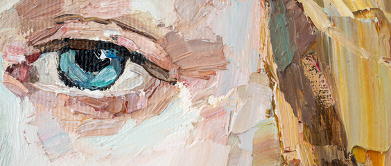 Female blue eye close up. Fragment of art painting.