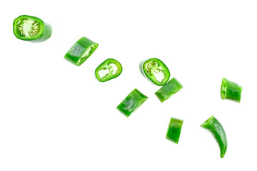 Green hot chili pepper slices isolated on a white background. Sliced jalapeno peppers.