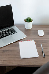 Office at home. Laptop, notebook, pen are on the table near the white wall.