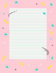 Empty blank page with decorative frame 80s 90s pattern.Geometric elements, stripes.Pastel palette pink. Modern print for notebooks, stationary, letters, message. Memphis graphic design style. Vector