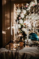 romantic wedding decoration flowers cake and champagne