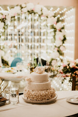 romantic wedding decoration flowers cake and champagne