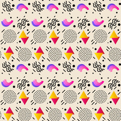 Abstract seamless pattern vector background with different geometric elements in memphis style
