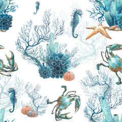 Watercolor coral reef seamless pattern. Hand drawn realistic background design: star fish, corals, sea horse on white background. Natural repeating texture design for paper, fabric, wallpaper