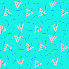 Seamless abstract 90s pattern background.Geometric triangle, stripes. Bright palette Blue,mint, pink. Modern endless repeated print for textile, fabrics, wrapping, wallpapers.Memphis design style