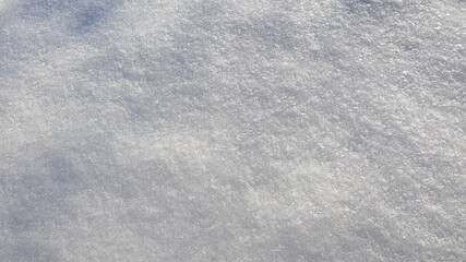 Winter background with snow close-up, top view. On a sunny day outdoors. Pure and shiny snow, with highlights and shadows. Loose gray snow, natural texture. Copy space, no people. 