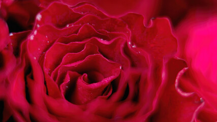 Beautiful inflorescence of a rose close-up top view. Wavy edges of rose petals texture. Floral background from macro photography of a rose with copy space.