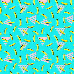 Seamless abstract 90s pattern background.Geometric triangle, stripes.Bright palette Pink, mint, yellow.Modern endless repeated print for textile, fabrics, wrapping, wallpapers. Memphis design style.