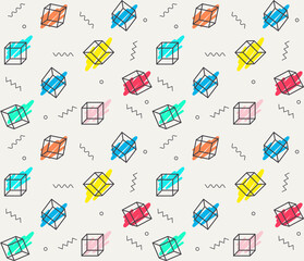 Seamless abstract 90s pattern background. Geometric cube, stripes. Bright palette Pink, mint, yellow. Modern party repeated print for textile, fabrics, wrapping, wallpapers. Memphis design style.