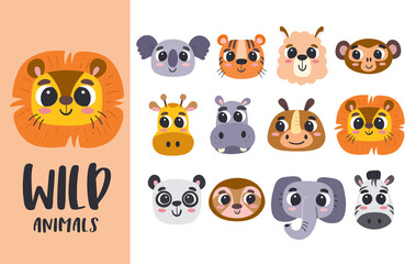 Cartoon Animal heads collection. Cute wild animal heads. Perfect for avatars, print designs, and children's activities. Vector illustration.