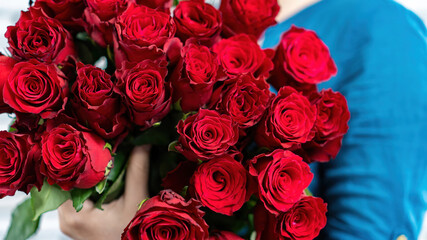 Luxurious bouquet of red roses close up. The girl is holding a large bouquet of flowers in her hands. Harmonious combination of blue and red colors. Gift on a date for Valentine's Day. Flower delivery