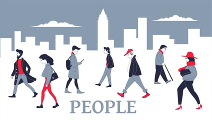 People walking in the city. Men and women go about business and just walk in the urban landscape. Concept of urban life.