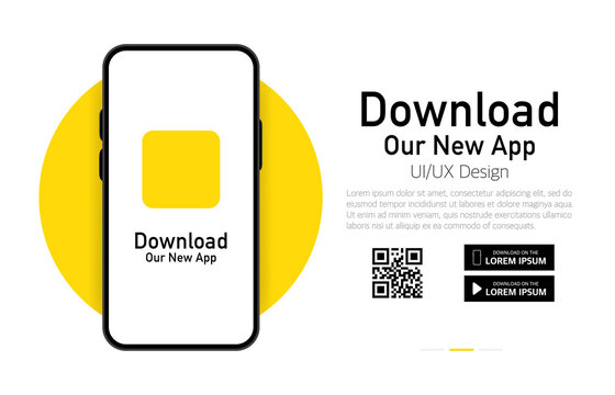 Download our app advertising banner. Phone mockup. App for mobile. UI and UX design. Vector illustration.