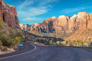 Beautiful scenery, views of an incredibly scenic road surrounded by rocks and mountains in Zion National Park, Utah, USA.